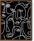 Abstract Face Pattern Wall Art Black Background White Continuous Line Drawing 11x14 Inch Oak Wood Walnut Framed Modern Diverse Portrait for Living Room Decor