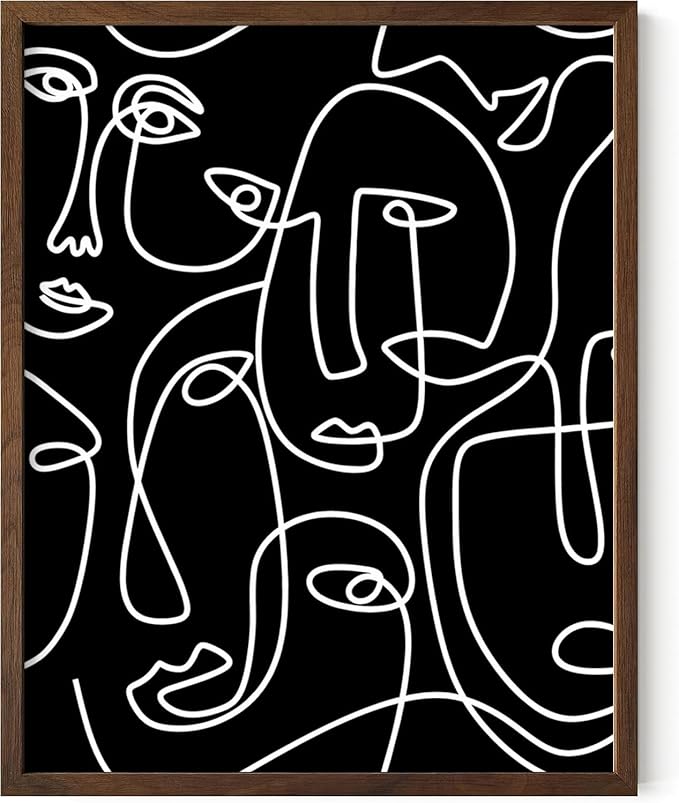 Abstract Face Pattern Wall Art Black Background White Continuous Line Drawing 11x14 Inch Oak Wood Walnut Framed Modern Diverse Portrait for Living Room Decor