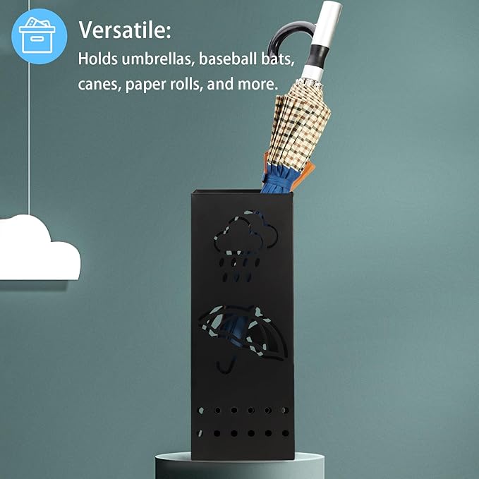 Umbrella Stand Rack for Entryway, Black Square Metal Umbrella Holder, Free Standing Umbrella Storage Organizer Bin with for Home Office Hotel Decor, 6 x 6 x 17 Inch, Hold 6 Umbrellas