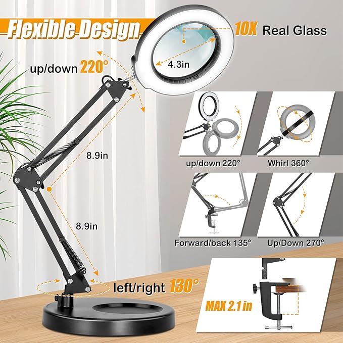 Real Glass 12X Magnifying Glass with Light and Stand (No Acrylic Lens), 2-in-1 Lighted Magnifier with Clamp, 5 Color Modes Dimmable LED Desk Lamp Hands Free for Painting Craft Sewing Hobby Close Work