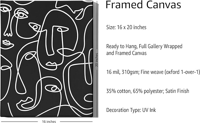 Abstract Face Pattern Wrapped Canvas Wall Art Black Background White Continuous Line Drawing 16x20 Inch Gallery Stretched Modern Home Art Decor