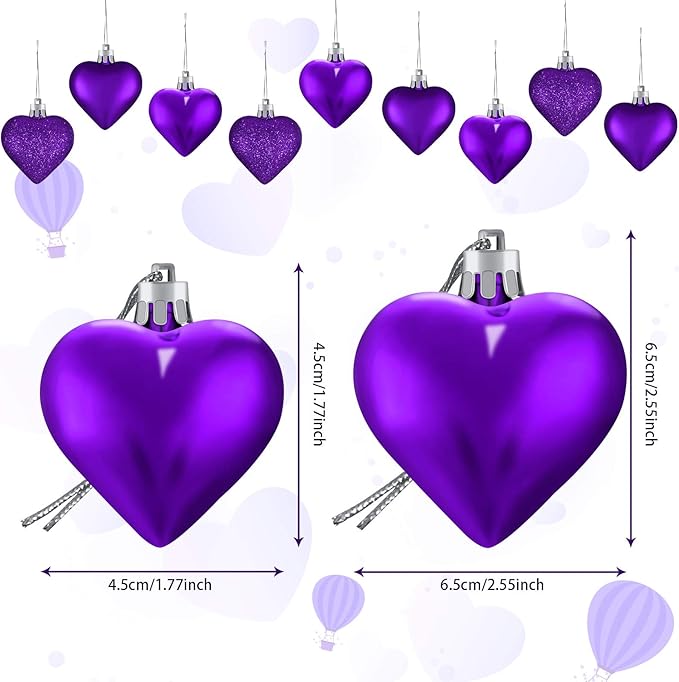 Skylety 30 Pieces Valentine's Day Heart Ornaments, Heart Shaped Decorations Tree Hanging Baubles for Valentine Wedding Anniversary, 3 Styles 2 Size (Purple)