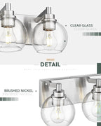 Bathroom Light Fixtures, 4 Light Brushed Nickel Vanity Light, 26 Inch Modern Wall Sconces with Globe Clear Glass Shade, Vanity Lighting Fixtures Over Mirror, VL195-BN-CL-4