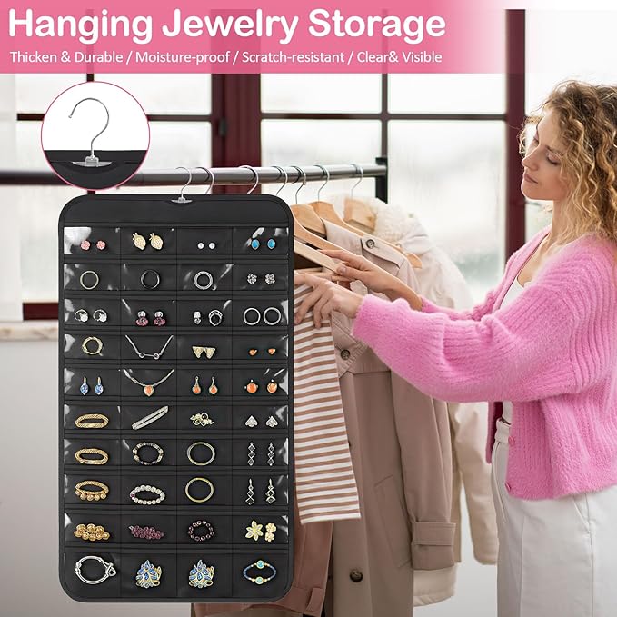 Hanging Jewelry Organizer for Closet with Swiveling Hanger, 17 x 30 In, 80 Clear Pockets Jewelry Organizer Hanging for Jewelries, Earrings, Accessories (Beige) (3, Black)