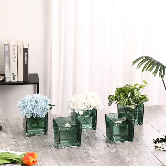 Square Glass Vases Set of 4, 4"x 4"x 4" Flower Vases for Centerpieces, Green Glass Vase for Flowers, Small Vase for Wedding, Party, Home Office Decoration