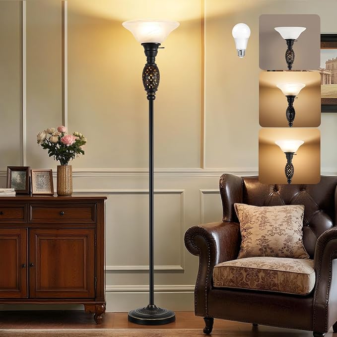 Luvkczc Vintage Floor Lamp with Nightlight, 70" Rustic Standing Lamp with Glass Shade, Victorian Style Tall Lamp Decor for Living Room Bedroom Study Home Office Corner (Bulb Included)