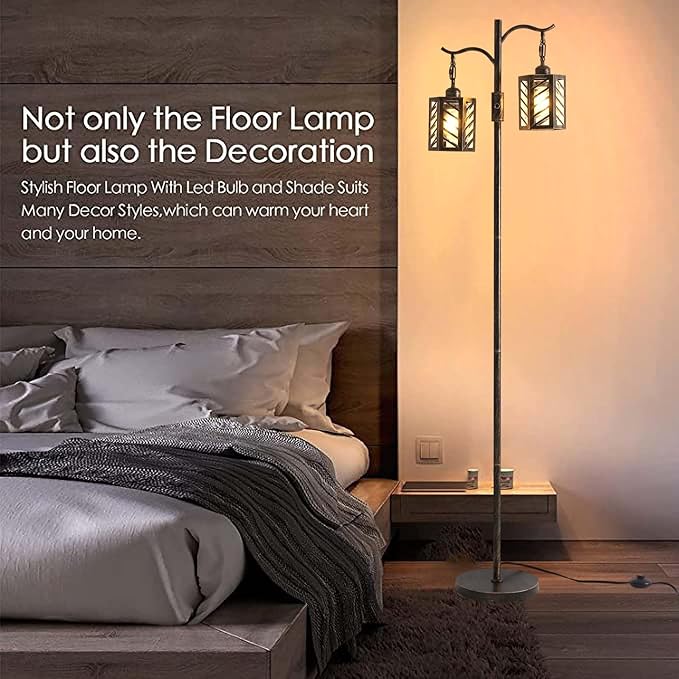 Industrial,Vintage Dimmable Floor Lamp,2 Classical Lanterns Standing Lamp, Rustic Farmhouse Floor Lamp with Bronze Gold Finish, for Living Room Bedroom (Bronze)