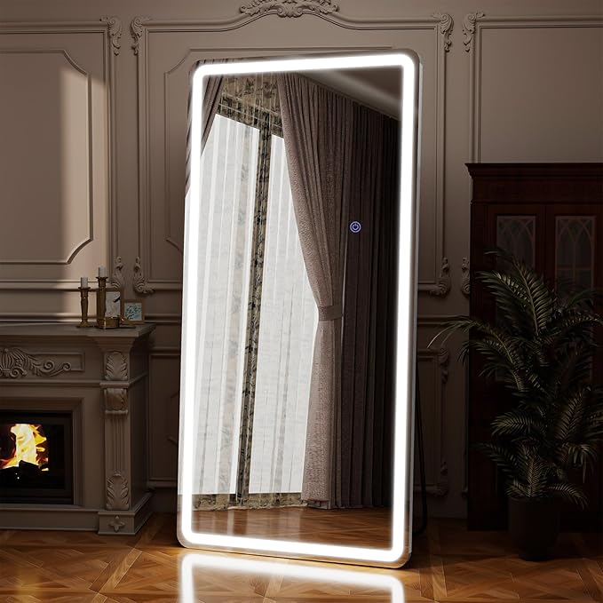 71"x30" LED Full Length Mirror – Standing Floor Mirror with Dimmable Lights 3 Color Modes – Adjustable Brightness, Wall-Mount or Lean for Barber, Fitness Center, Dressing Room, Vanity