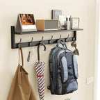 BAMEOS Wall Hooks with Shelf 35 Inch Length Entryway Hanging Shelf Wood Coat Hooks Wall-Mounted Coat Hook Rack with 7 Dual Hooks for Bathroom, Living Room, Bedroom (Black)