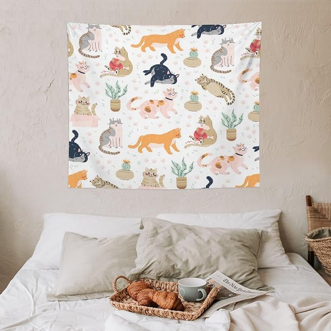 VUMIVI Cute Cat Tapestry Kids Hand-Painted Doodles Colorful Illustrations Potted Plants Paw Prints Tapestry Wall Hanging for Living Room Bedroom Dorm Classroom Aesthetic Decor W60xL50in