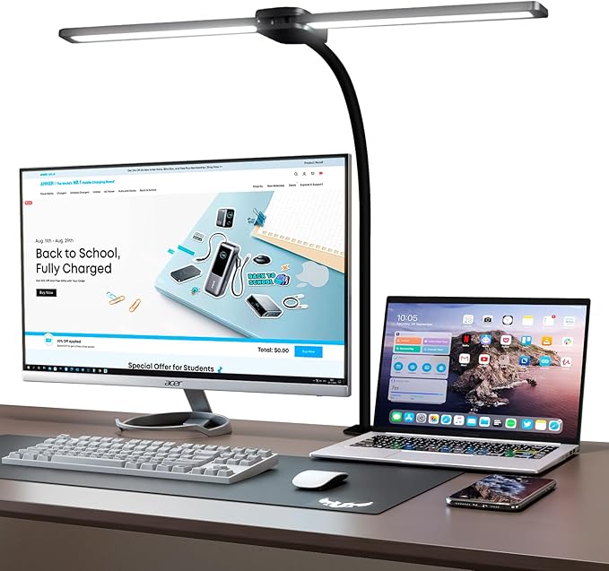 LED Desk Lamp with Two Heads, Clamp On Desk Lamps, 12W, 2000 LMS, CRI>90, 5 Color Modes (2700K-6500K), Various Brightness Levels, Adapter Included