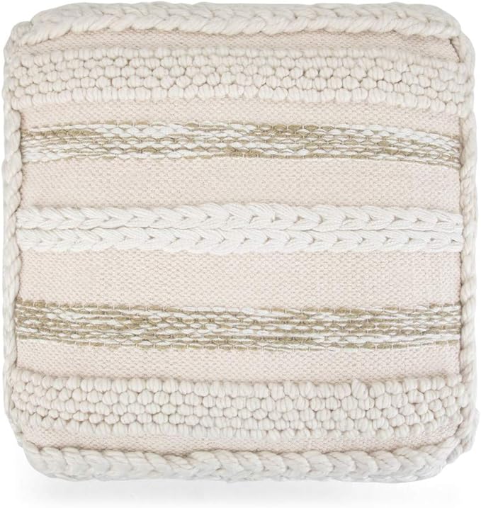 SIMPLIHOME Sommer Square Pouf - 18 inch Wide Upholstered Handloom Woven Cotton Ottoman in Natural, Boho-Style Footstool, Extra Seating or Accent Piece for Living Room or Bedroom, Assembled