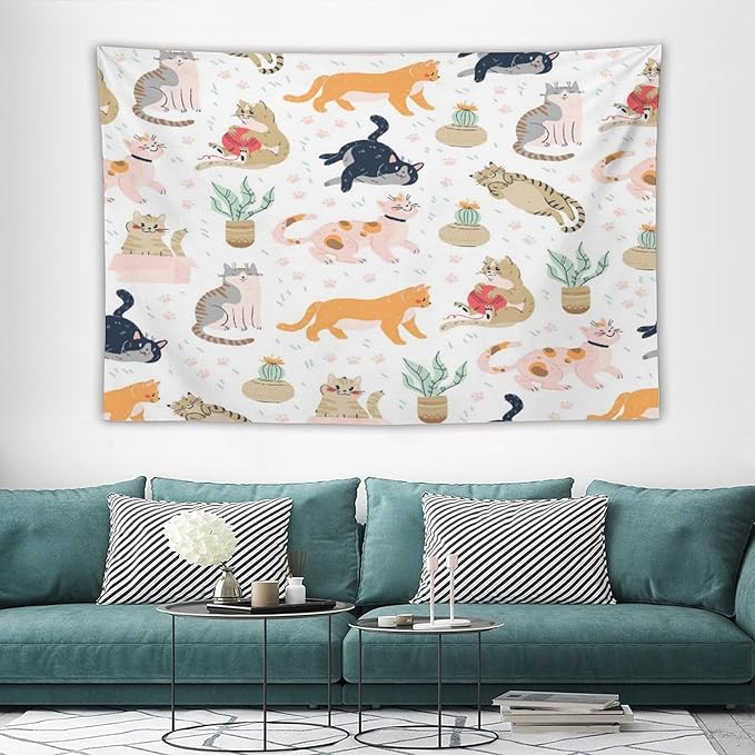 VUMIVI Cute Cat Tapestry Kids Hand-Painted Doodles Colorful Illustrations Potted Plants Paw Prints Tapestry Wall Hanging for Living Room Bedroom Dorm Classroom Aesthetic Decor W90xL60in