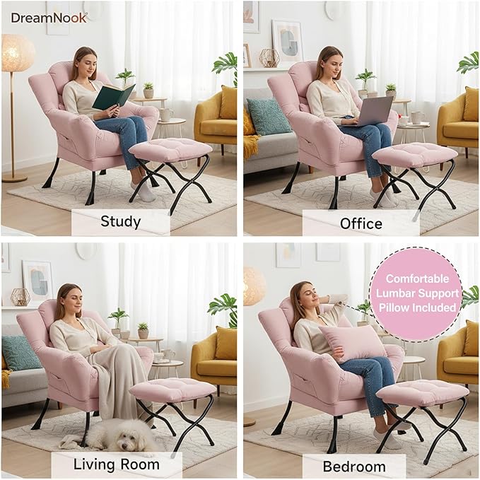 Lazy Chair with Ottoman, Modern Accent Chair with Lumbar Pillow, Pink Sofa, Lounge Chairs with Folding Footrest, Oversized Supportive Chairs for Bedroom, Reading
