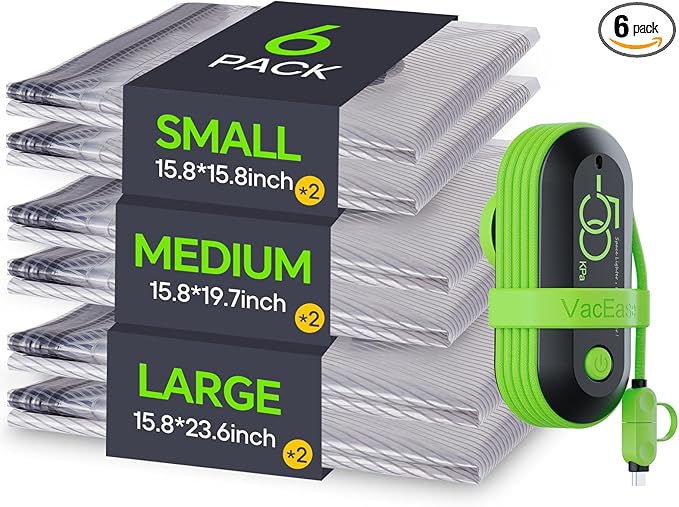 Vacuum Bags for Travel with USB Electric Pump, 6 Pack Carry-on Size Compression Packing for Luggage and Suitcase, Space Saver Bags for Clothes and Clothing Travel
