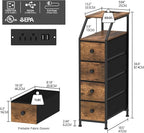Tohomeor Narrow Dresser Tall Skinny Storage Tower Vertical Slim Chest of Drawers with Charging Station Small Nightstand Side Table for Bedroom, Bathroom, Small Spaces (Rustic Brown, 4 Drawers)