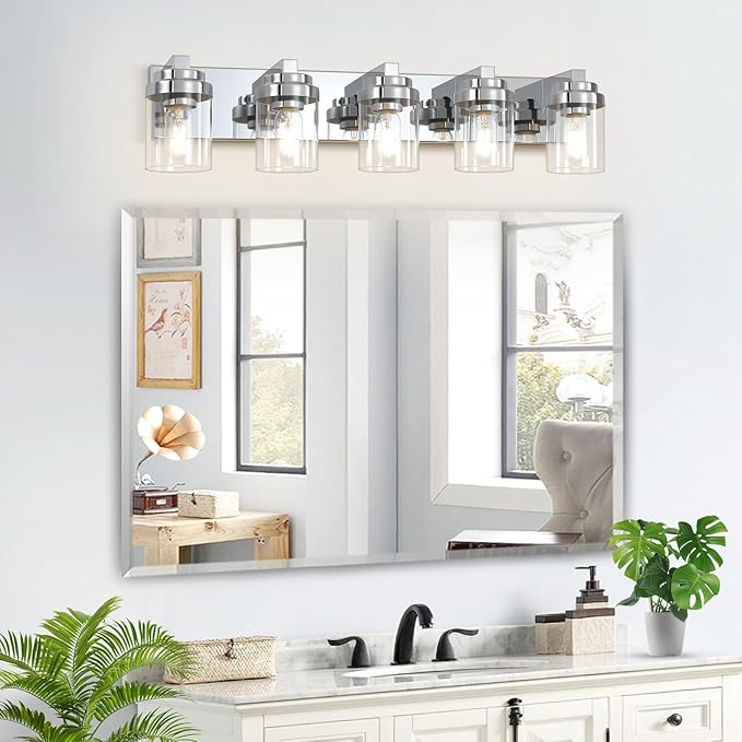 Bathroom Light Fixtures, 5-Light Bathroom Vanity Lights Over Mirror, Polished Chrome Vanity Lights with Glass Shade, 31" Modern Wall Sconce for Cabinet Porch Bedroom, Hallway E26