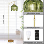 Glass Floor Lamp for Living Room,Bedroom,Gold Dimmable Standing Lamp with Remote,Mid Century Modern Brass Tall Lamp Boho Vintage Floor Lamps Arc Green Tulip Flower Floor Light Lamp Bohemian