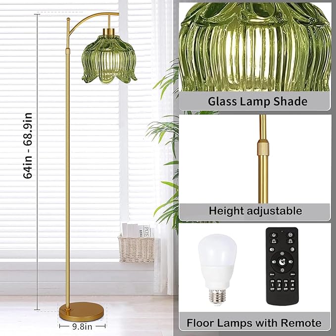 Glass Floor Lamp for Living Room,Bedroom,Gold Dimmable Standing Lamp with Remote,Mid Century Modern Brass Tall Lamp Boho Vintage Floor Lamps Arc Green Tulip Flower Floor Light Lamp Bohemian