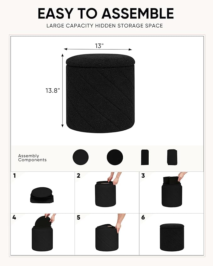 Round Ottoman with Storage, Boucle Foot Rest Stool with Reversible Tray Lid, Folding Teddy Ottoman Coffee Table for Dorm Living Room Bedroom Entryway, Black,13" x 13" x 13.8"
