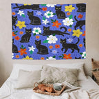 VUMIVI Black Cat Floral Tapestry Red White Hand-Painted Flowers Cute Animals Kids' Doodles Tapestry Wall Hanging for Living Room Bedroom Dorm Classroom Aesthetic Decor W80xL60in