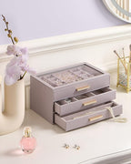 Lolalet Jewelry Box Organizer, 3-Layer Jewelry Organizers and Storage Case with Glass Lid, Ring Earring Bracelet Necklace Holder Organizer, Birthday Valentine Gifts for Women Girls -3Layer, HazePurple