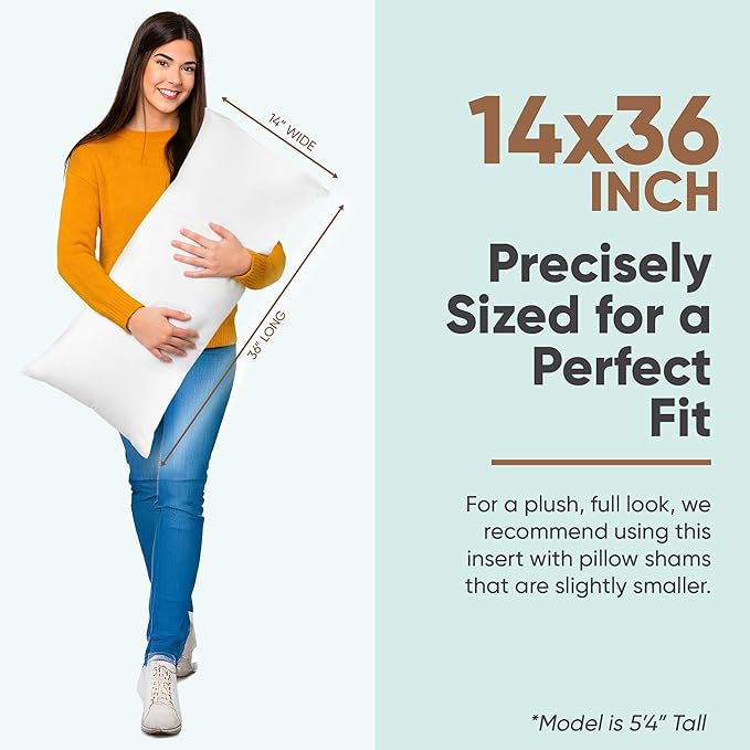 Pillowflex Synthetic Down Pillow Insert - 14x36 Down Alternative Pillow, Ultra Soft, Large Rectangle Body Sleeping Pillow, Lumbar, Long, Back - 1 Decorative Pillow Form