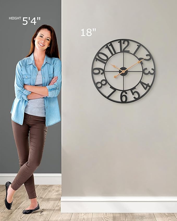Large Clocks for Living Room Decor, Silent Non Ticking Wall Clocks Battery Operated, 18 Inch Decorative Analog Metal Indoor Outdoor Wall Clock for Kitchen, Bedroom, Office, Patio - Black