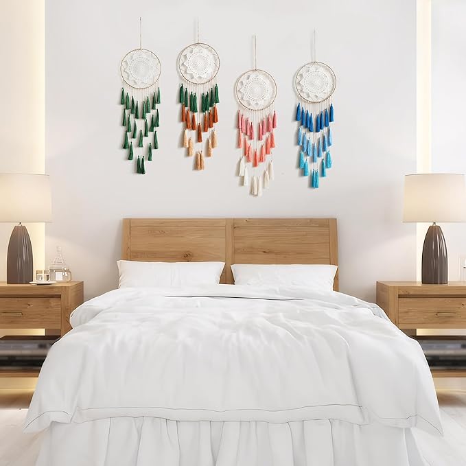 Artilady Macrame Dream Catchers for Bedroom - Tassel Wall Hanging Handmade Dreamcatchers Home Decor with Tassel Feather Ornament Craft Blessing Gift (Blue)