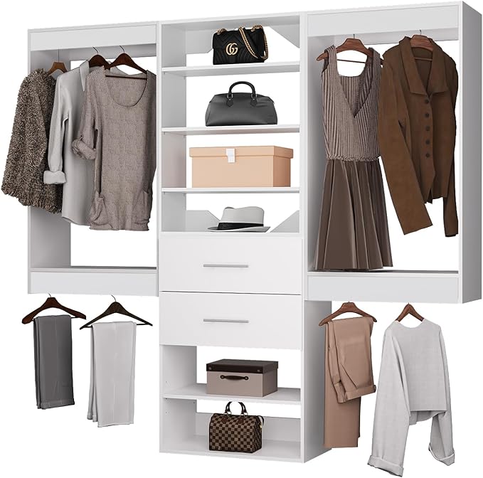 ROOMTEC Modular Closet System, 60" Wall Mounted Closet Organizer with Hanging Rods and Drawers, Wooden Tower for Walk-In Closets, Wardrobe Storage Kit, White