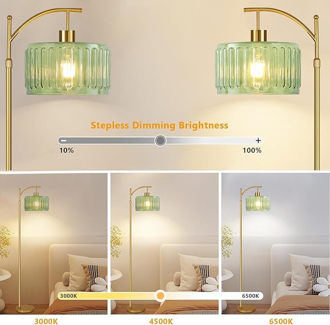 Glass Floor Lamp for Living Room,Bedroom,Gold Dimmable Standing Lamp with Remote,Mid Century Modern Brass Tall Lamp Boho Vintage Retro Floor Lamps Arc Green Flower Floor Light Lamp Bohemian