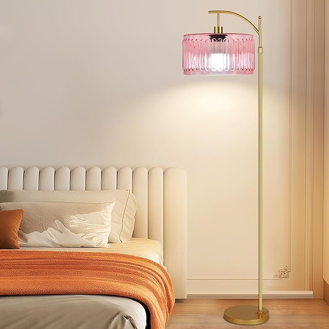 Pink Floor Lamp for Living Room,Bedroom,Gold Dimmable Standing Lamp with Remote,Mid Century Modern Brass Tall Lamp Boho Floor Lamps Arc Stained Glass Flower Floor Light Lamp Girls kids Bohemian