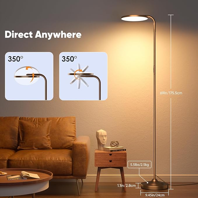 36W LED Floor Lamp, Super Bright Standing Lamp, Modern Stepless Dimmable Torchiere Tall Lamp with Remote Control, 350°Rotating Head Reading Floor Lamp for Living Room, Bedroom, Office - Brown