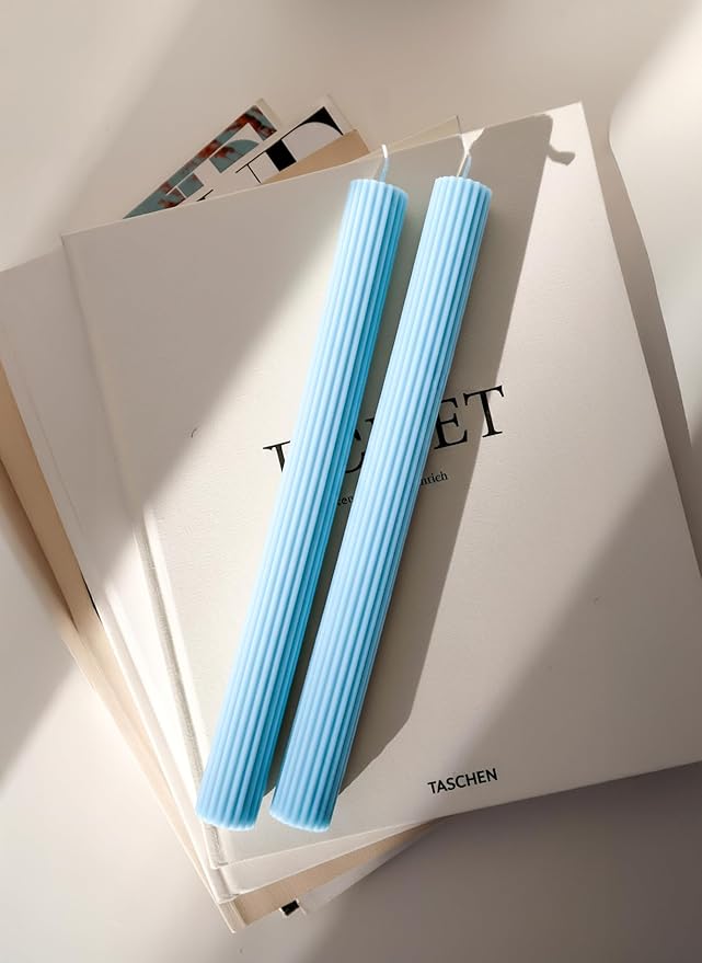 10" Candle Sticks, Ribbed Taper Candles, Sky Blue, 4-Pack, Unscented