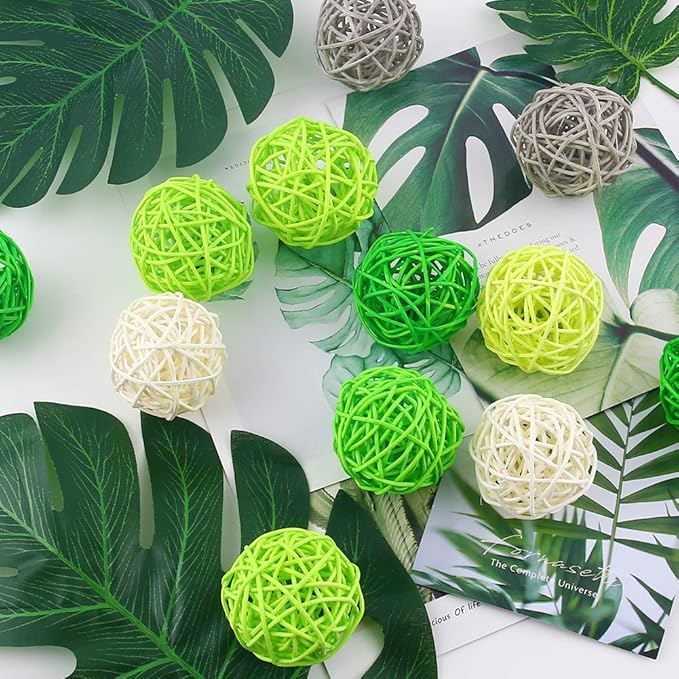 DomeStar 24PCS Green Decorative Balls for Bowl Centerpiece, 2 Inch Rattan Balls St. Patrick's Day Bowl Fillers Decor, Wicker Twig Orbs Spheres, Home Vase Table Decor