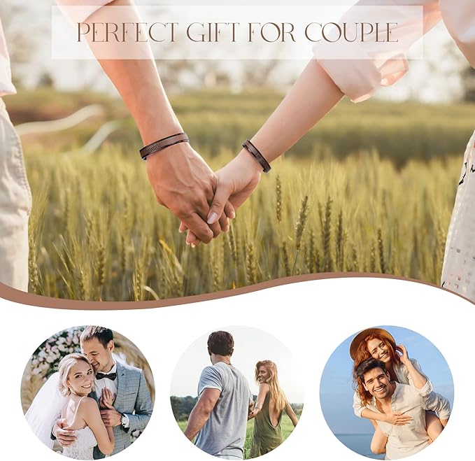 AW BRIDAL Anniversary Engagement Gifts Valentines Day Gifts, Unique Wedding Gift for Couple Matching Couple Bracelets Stainless Steel & Leather Cuff Bracelets for Women/Men, Brown