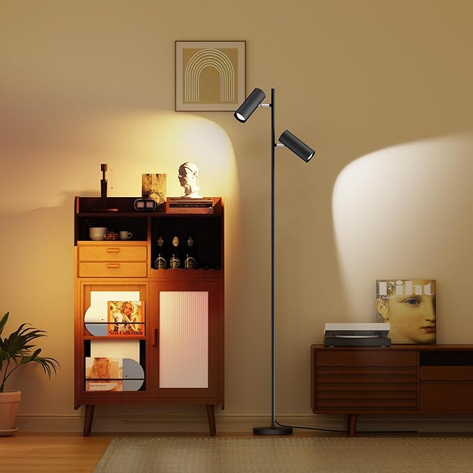 Spotlight Floor Lamp, Tall LED Standing Lamp with Remote/Touch Control, 2700K-6500K, 350°Rotating Head Standing Lamp, Reading Floor Lamp for Living Room, Bedroom, Office & Wall Art, Dual Head