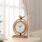 Gold Vintage Table Clock with Bird, European Retro Style Mantel Clocks, Desk and Shelf Decor Clock, for Living Room, Farmhouse, Bedside, Bedroom, Gift (7.9" H x 6.3" W)