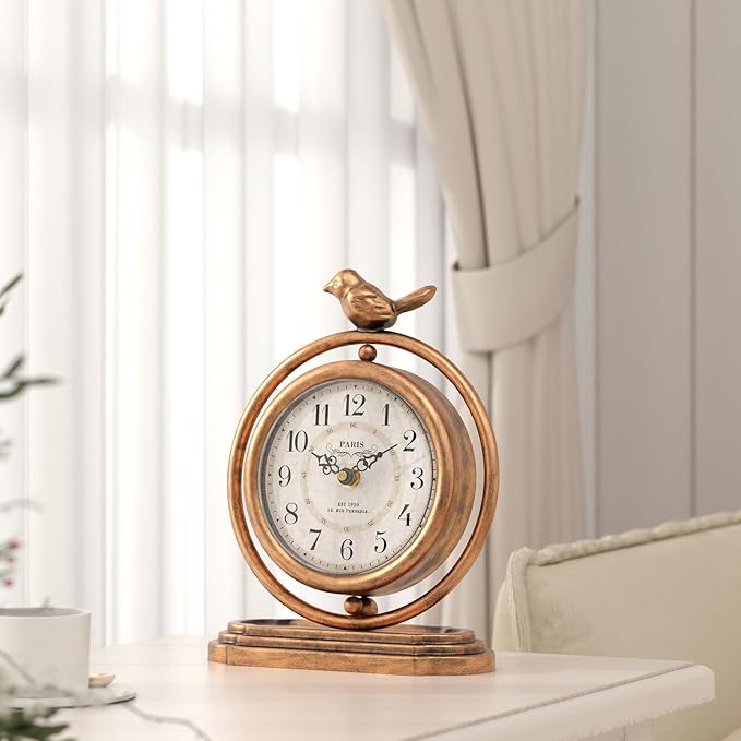 Gold Vintage Table Clock with Bird, European Retro Style Mantel Clocks, Desk and Shelf Decor Clock, for Living Room, Farmhouse, Bedside, Bedroom, Gift (7.9" H x 6.3" W)