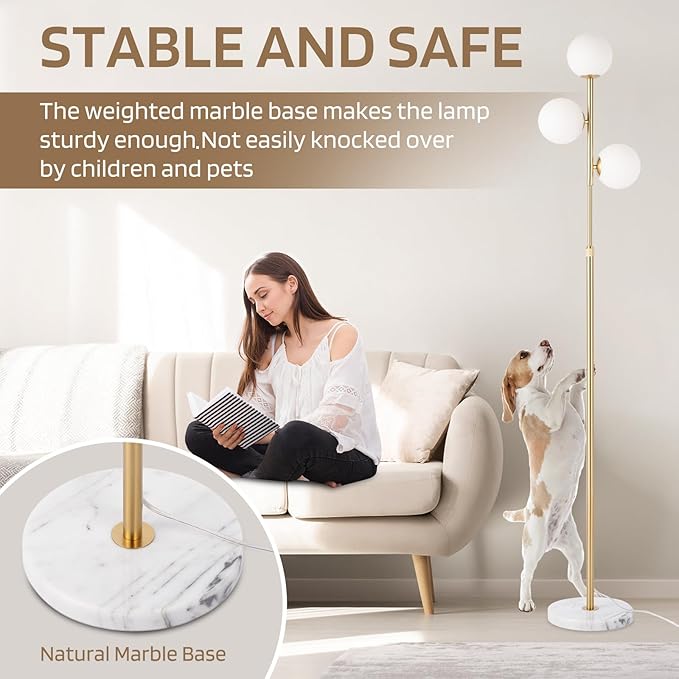 vallerico 3-Globe Mid Century Modern Floor Lamps for Living Room, Adjustable Height Standing Lamp with Marble Base, Gold Tall Lamp with Frosted Glass Shades, Pole Lamps for Bedroom, Bulbs Included