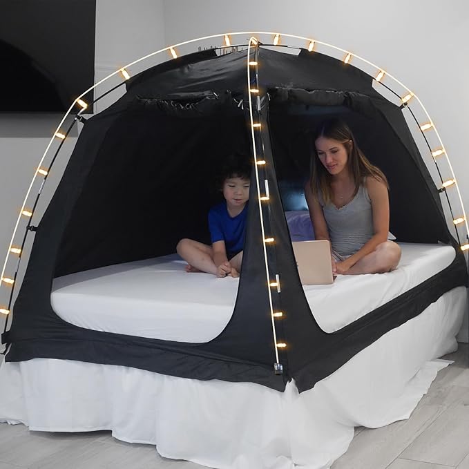 EighteenTek Bed Canopy with Lights, Sleeping Dream Full Bed Tent, Portable Cottage Drafty Room Blackout Breathable Privacy Big Indoor Tents for Girls & Boys Bedroom Decor, Black