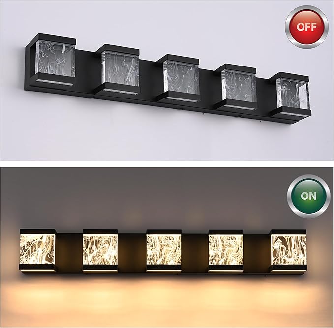MELUCEE LED Bathroom Lighting Fixtures Over Mirror 5 Lights Black LED Vanity Lighting with Unique Smoke Acrylic Panel Modern Led Bathroom Light Bar, 25W 3000K Warm Lighting