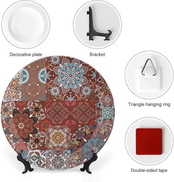 XISUNYA 10 Inch Decorative Plate, Mandala Porcelain Plate, Classic Victorian Floral Authentic Motives Tribal Print Ornament Display Plate Handmade Plate Wedding Gifts, Multicolor