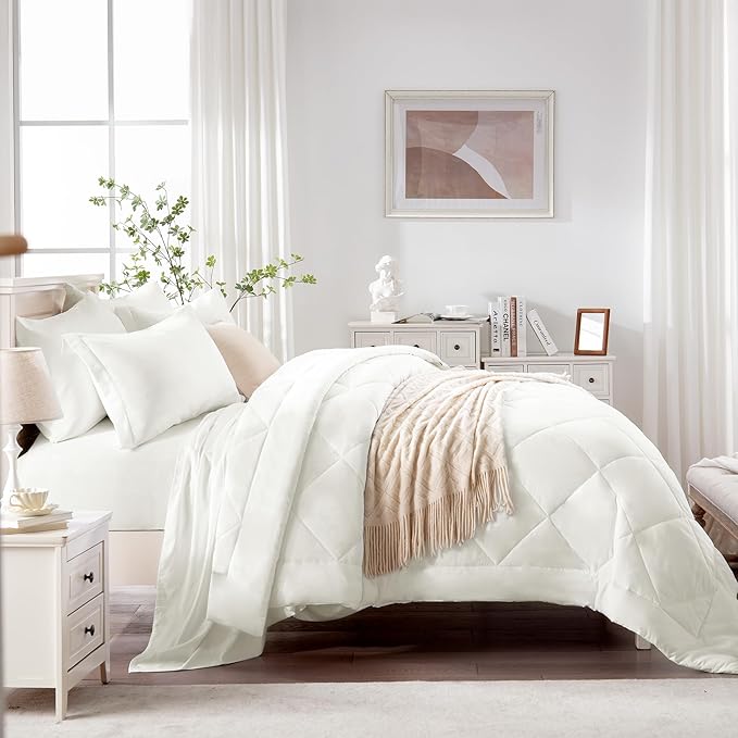 Love's cabin Queen Comforter Set Ivory, 7 Pieces Queen Bed in a Bag, All Season Bedding Sets with 1 Comforter, 1 Flat Sheet, 1 Fitted Sheet, 2 Pillowcase and 2 Pillow Sham