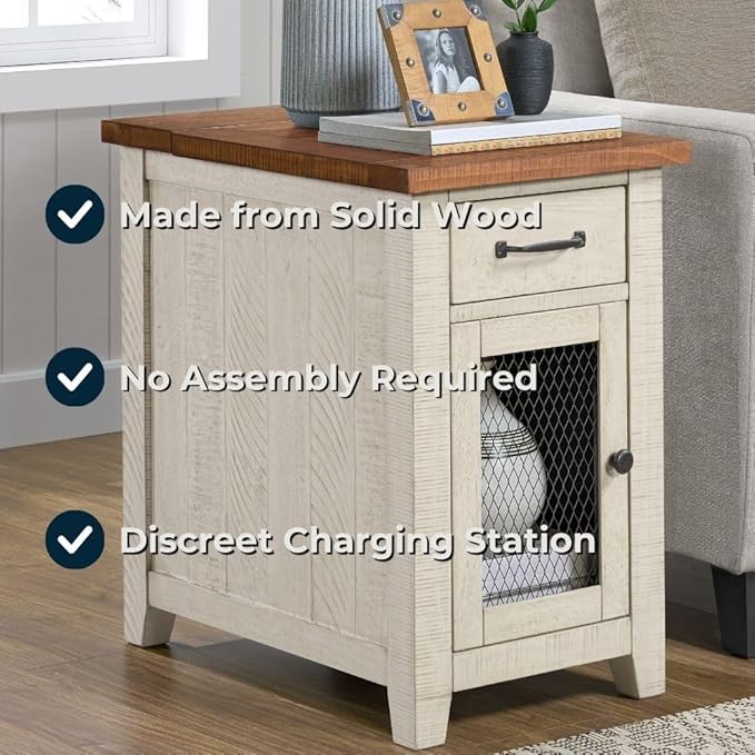 Martin Svensson Home Solid Wood White and Honey Rustic Chairside End Table with Power and Storage