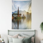 Ambesonne Balinese Tapestry Twin Size, Pura Ulun Danu Building Panorama Sunrise on Lake Bratan Bali Indonesia Waterscape, Wall Hanging Bedspread Bed Cover Wall Decor, 68" X 88", Beige Brown