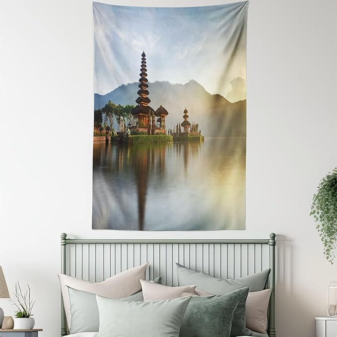 Ambesonne Balinese Tapestry, Pura Ulun Danu Building Panorama Sunrise on Lake Bratan Bali Indonesia Waterscape, Fabric Wall Hanging Decor for Bedroom Living Room Dorm, 23" X 28", Beige Brown