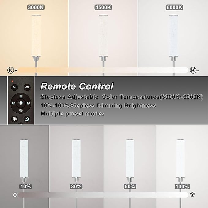 Floor Lamp with Remote Control,Floor Lamps for Living Room/Bedroom/Office, Stepless Adjustable 3000K-6000K Colors and 10-100% Brightness,Standing Light with Foot Switch (Nickel+Beige Linen)