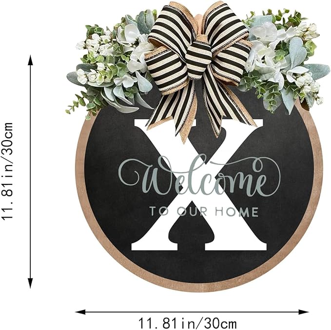 Circular Surname Front Door Welcome Sign - 26 Letter House Wreath, Front Porch Decorations, Year-Round Home Decor (X)