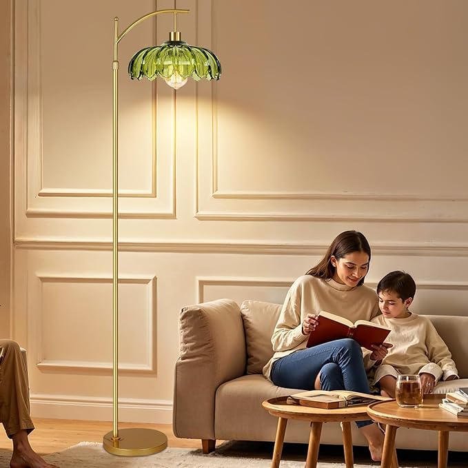 Gold Floor Lamps for Living Room Vintage Green Floor Lamp with Remote Control & Glass Lampshape,Dimmable Mid Century Modern Standing Lamp Tall Flower Lamp Brass Floor lamp for Bedroom Corner